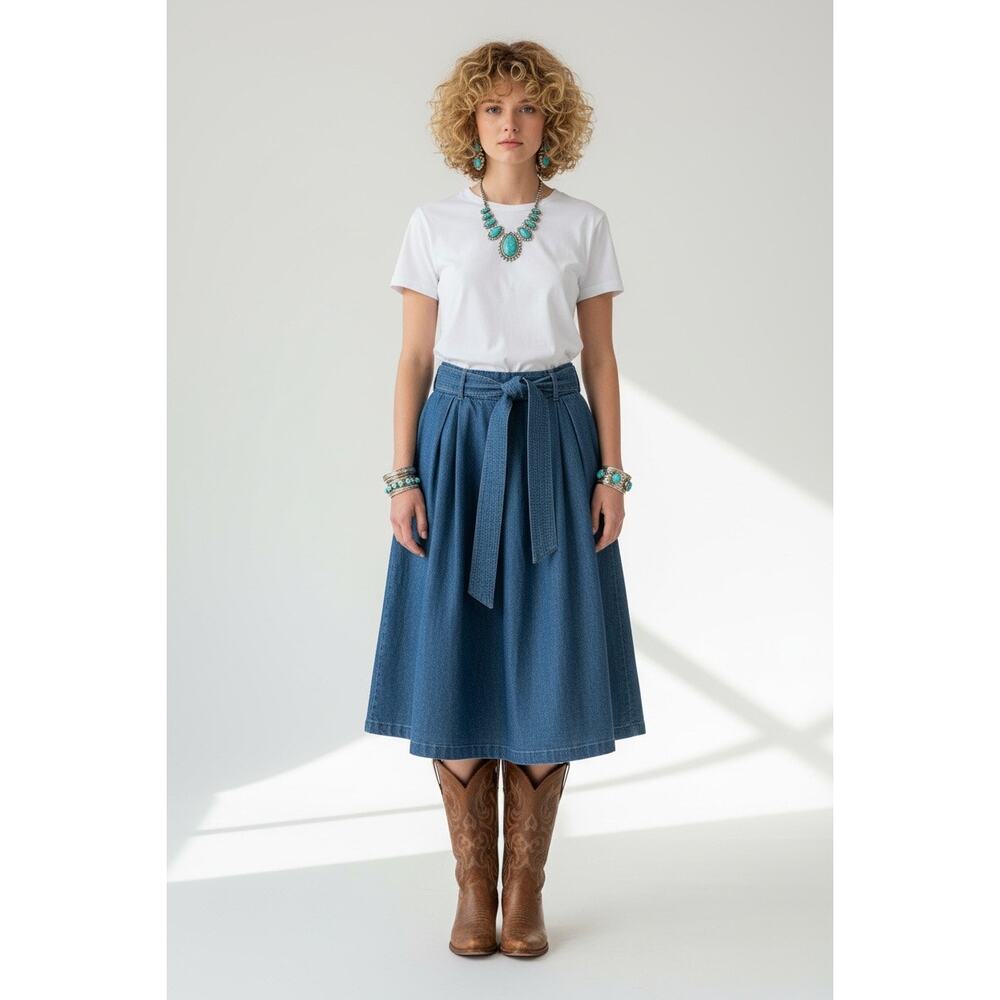 Women’s Cotton Chambray Front Tie Midi A Line Skirt XS Blue